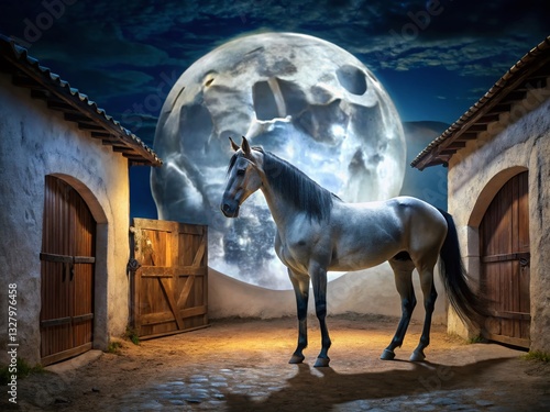 Majestic Andalusian Horse Silhouetted Against a Full Moon
