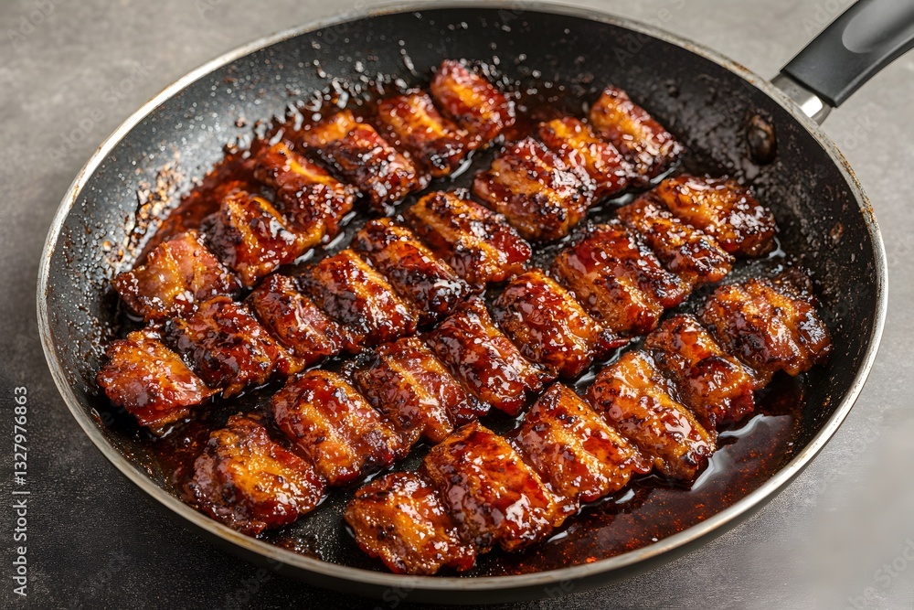 Crispy Glazed Bacon Bites in a Pan Delicious Food Photography Crispy Glazed Bacon Bites in a Pan Delicious Food Photography