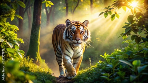 Fototapeta Naklejka Na Ścianę i Meble -  Majestic Bengal Tiger Walking Through Lush Green Landscape Wallpaper