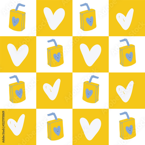 Seamless pattern of yellow and white squares with juice boxes and hearts. Print for summer design of paper, fabric and wallpaper