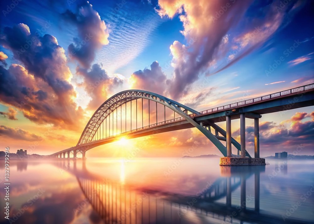 Naklejka premium Majestic Bridge Spanning a Dreamy Sky: Sunrise Stock Photo