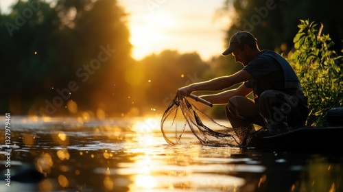 A fisherman casting his net in the early morning light, a peaceful river scene