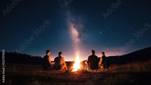 A group of campers sitting around a bonfire, telling stories under a starry sky
