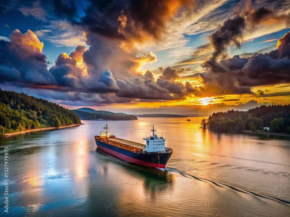 Naklejka premium Majestic Cargo Ship on Columbia River, Astoria, Oregon - Stunning Sunset View
