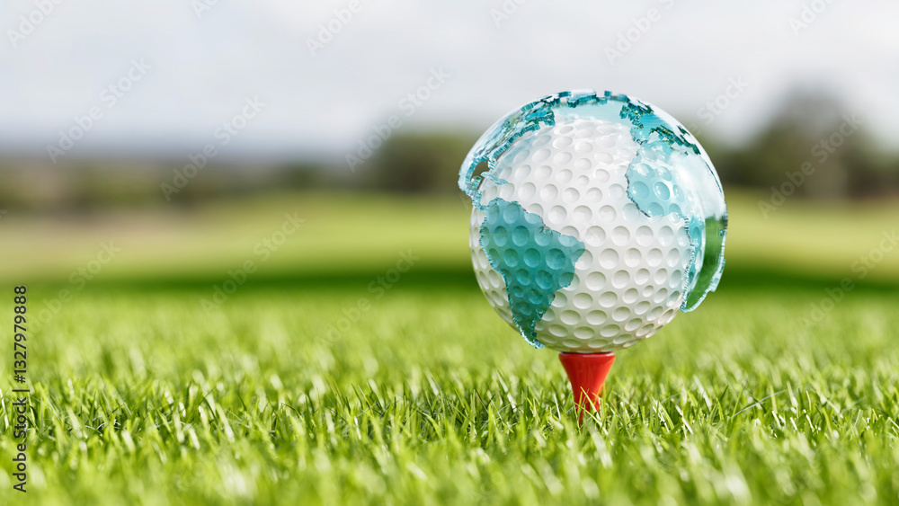 Obraz premium Golf Ball Globe on Tee - 3D Rendering Illustration