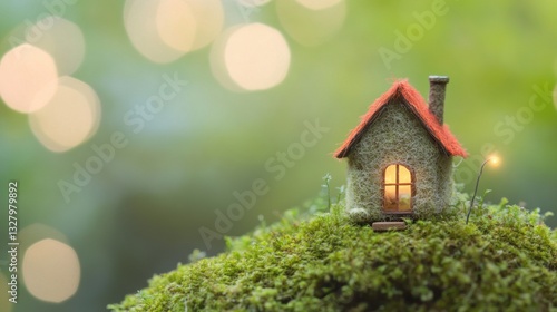 Wallpaper Mural A tiny house made of natural materials rests on vibrant green moss, glowing softly as evening light creates a magical atmosphere Torontodigital.ca