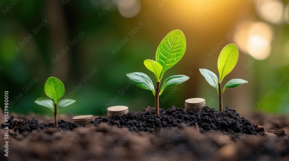 Young Green Plants Emerging from the Soil Next to Coins Illustrating the Concept of Sustainable Investment Young Green Plants Emerging from the Soil Next to Coins Illustrating the Concept of Sustainable Investment