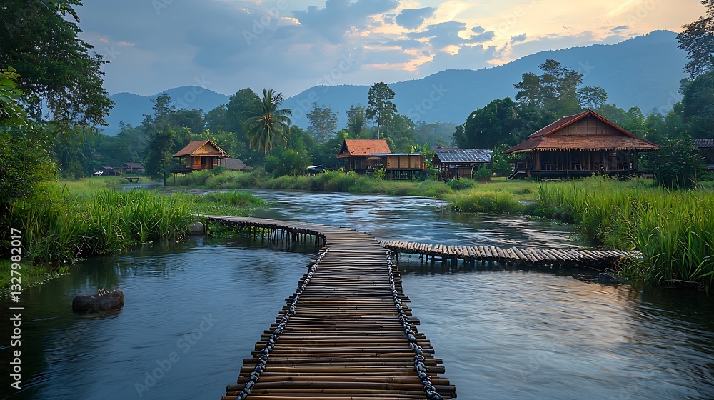 Fototapeta premium Bamboo Bridge Leading to Peaceful River Houses in Laos