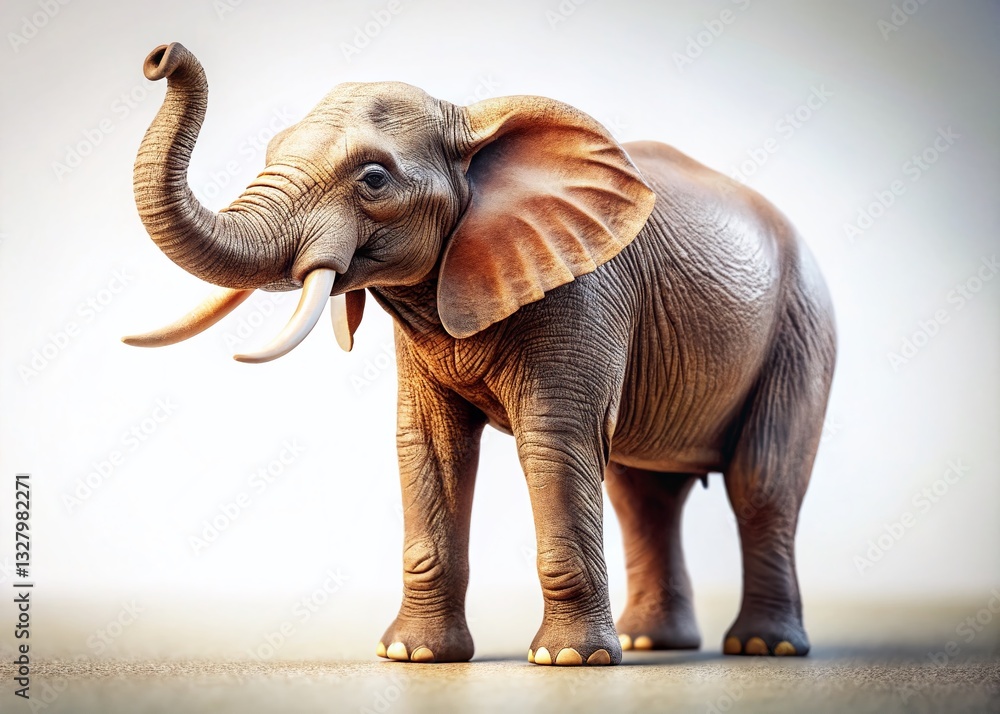 Obraz premium Majestic Elephant Profile, Trunk Raised, Tilt-Shift Photography, White Background