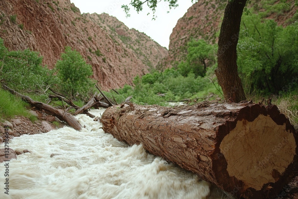 Fototapeta premium Flowing River Through Rocky Canyon Surrounded by Lush Greenery