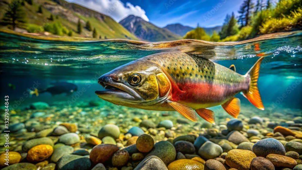 Naklejka premium Majestic Huchen: Underwater Close-Up of Danube Salmon in Crystal Clear Mountain River