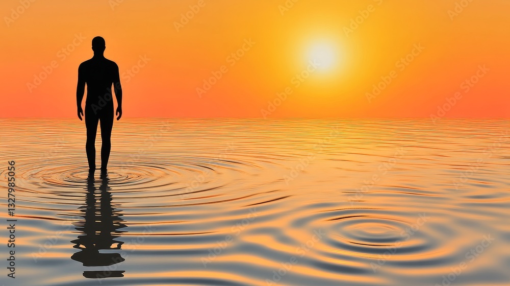 Silhouette figure stands in water at sunset Silhouette figure stands in water at sunset