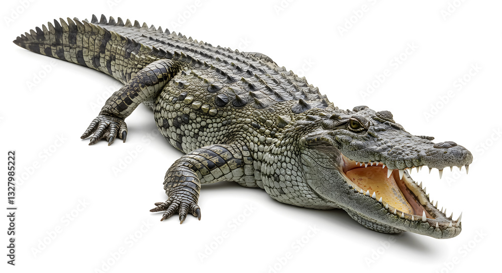 Naklejka premium Crocodile Open Mouth, Isolated on White Background - Large Saltwater Alligator with Sharp Teeth