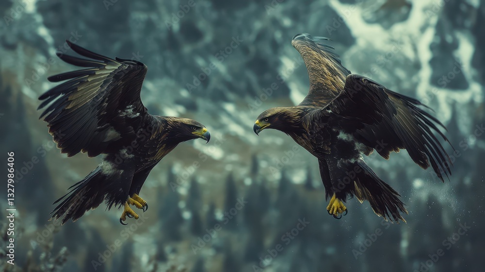 Obraz premium Two eagles soar majestically in front of mountainous landscape