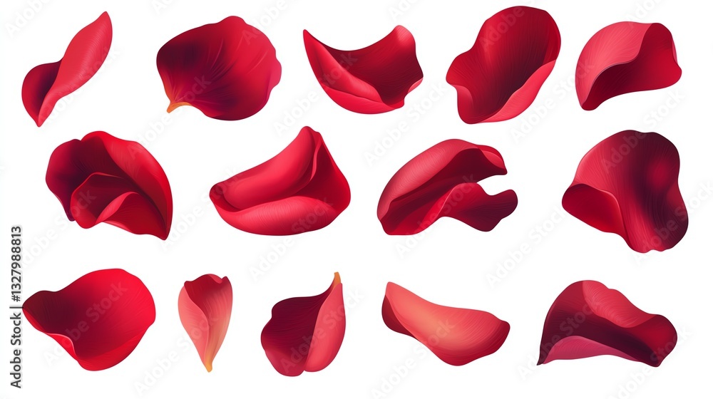 Collection set of red rose petals isolated on white background Collection set of red rose petals isolated on white background