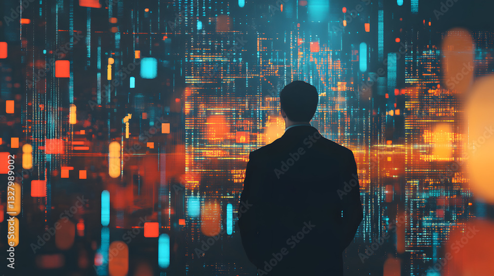 Professional Data Analysis: Man Analyzing Data on Servers Illustration Professional Data Analysis: Man Analyzing Data on Servers Illustration