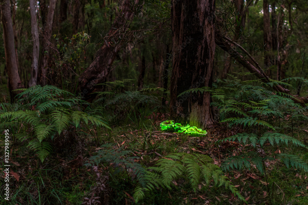 Obraz premium Bioluminescent Ghost mushroom Omphalotus nidiformis Thirlmere lakes National Park 2025