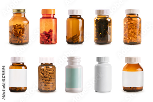 Collection of supplement bottles isolated on white background.