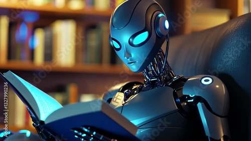 Innovative robot immersed in literature explores the wonders of human knowledge at a cozy library setting Generative AI