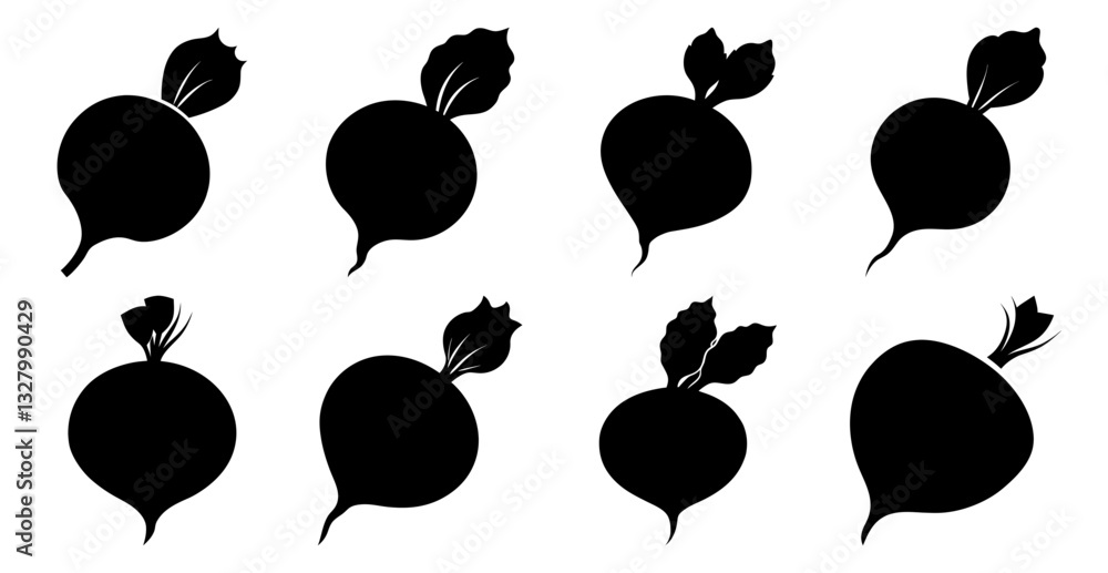 Fototapeta premium Collection of black beetroot silhouettes, various shapes and styles. Perfect for food, health, or farming designs.
