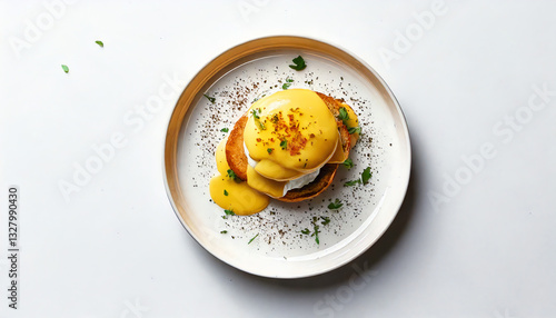 Delicious gourmet eggs benedict served on a stylish white plate, garnished with fresh herbs and spices. photo