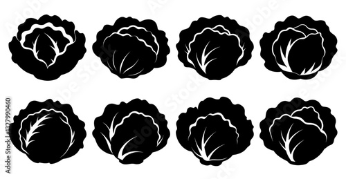 Collection of eight black and white lettuce head silhouettes. Perfect for menus, farm to table branding, or healthy eating concepts.