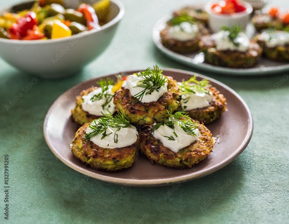 Vegan Fritters with Herbed Cream Cheese and Pickled Vegetables – Sage Green Backdrop for Plant-Based Recipe Inspiration Vegan Fritters with Herbed Cream Cheese and Pickled Vegetables – Sage Green Backdrop for Plant-Based Recipe Inspiration