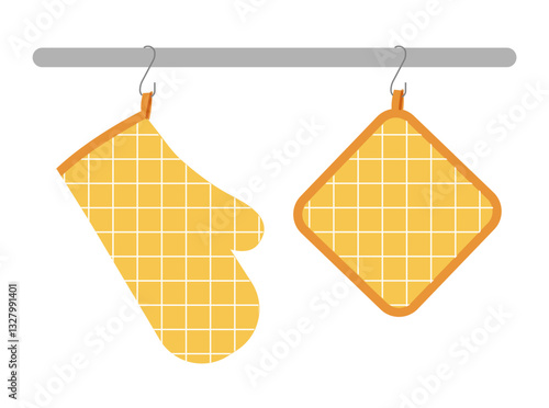 Oven Gloves mitt and potholder hanging on rack kitchen yellow cartoon windowpane tartan check pattern flat hand accessory clothing technical illustration garment. Vector for Men, women style template