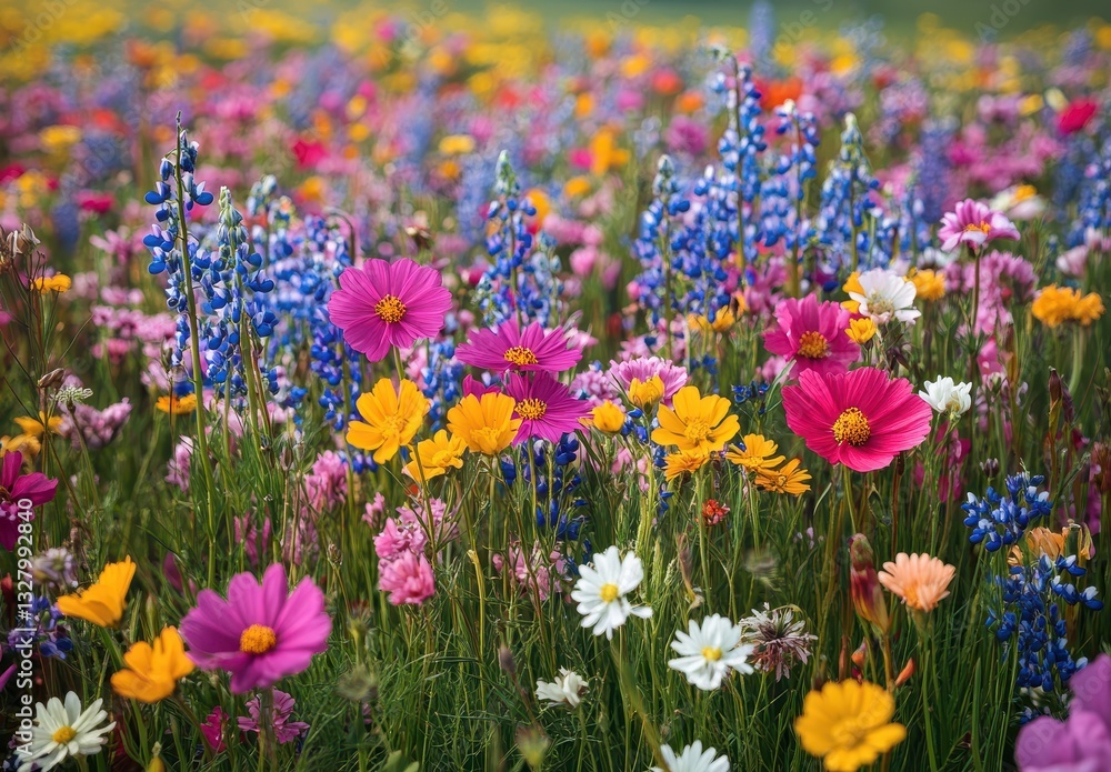 Fototapeta premium Vibrant Flower Field with Diverse Colors in Full Bloom Under Bright Blue Sky at Golden Hour