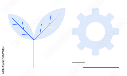 Minimalist leaf and gear combining nature and technology. Ideal for sustainability, innovation, eco-friendliness, green energy, technology integration, progress, environmental design. A flat simple