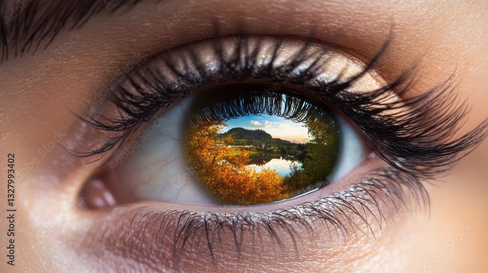 Fototapeta premium Close-up view of a human eye reflecting a serene landscape during golden hour
