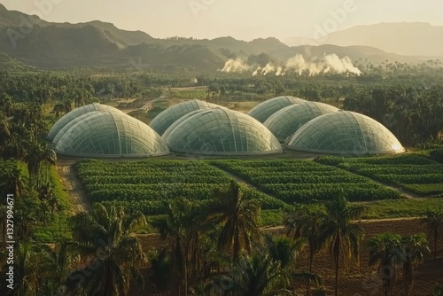 Futuristic Greenhouses Surrounded by Lush Landscape and Mountains