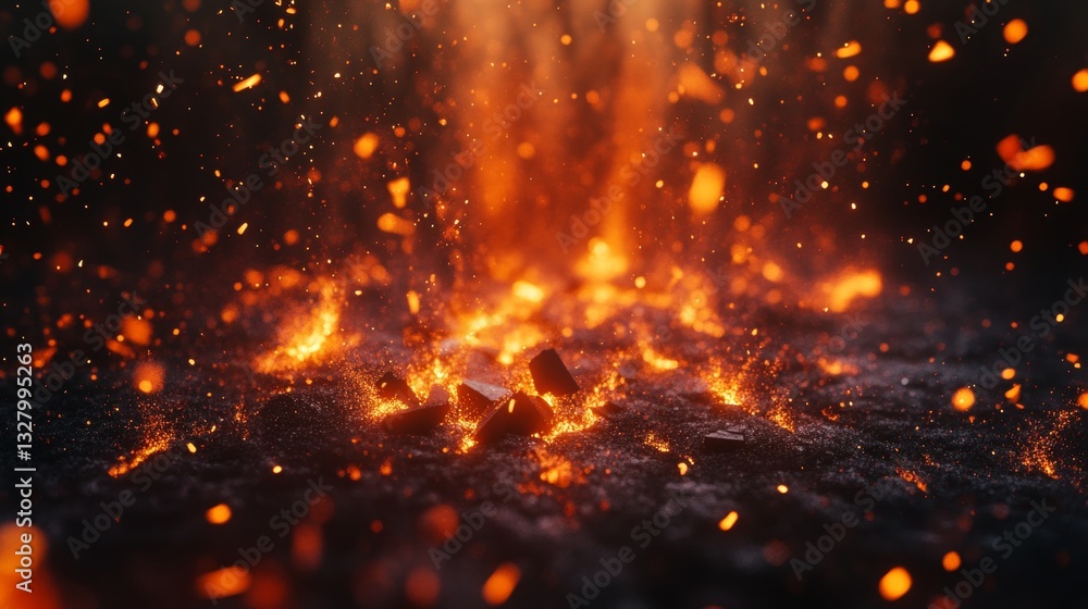 Eruption of Glowing Ember Fragments on Dark Ground Eruption of Glowing Ember Fragments on Dark Ground