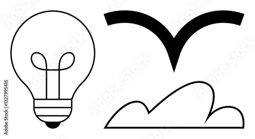 Lightbulb for ideas, bird in flight over abstract cloud for freedom and imagination. Ideal for innovation, creativity, freedom, brainstorming, minimalism, inspiration abstract concepts. Flat simple