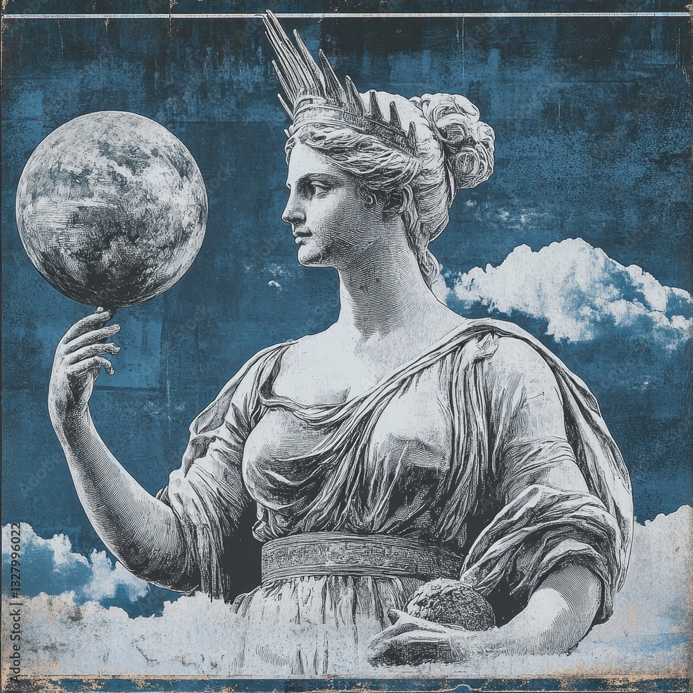 Obraz premium A classical statue holding a globe with a cloudy blue background