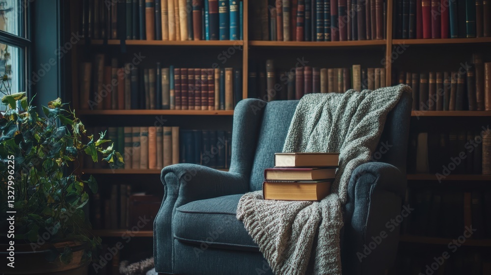 Cozy reading nook with an armchair and stack of books near a bookshelf filled with vintage volumes Cozy reading nook with an armchair and stack of books near a bookshelf filled with vintage volumes
