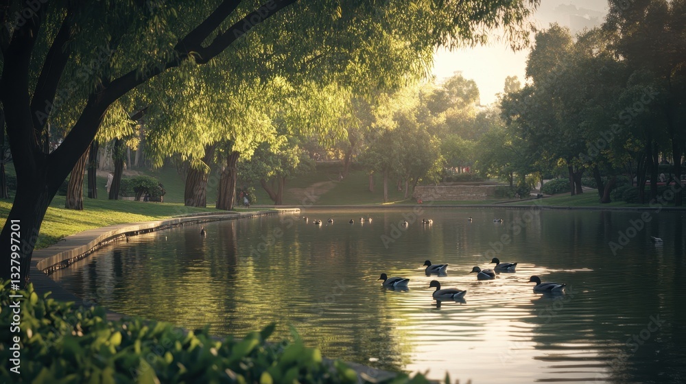 Fototapeta premium Ducks swimming peacefully in a serene park pond at sunset surrounded by lush trees and tranquil nature