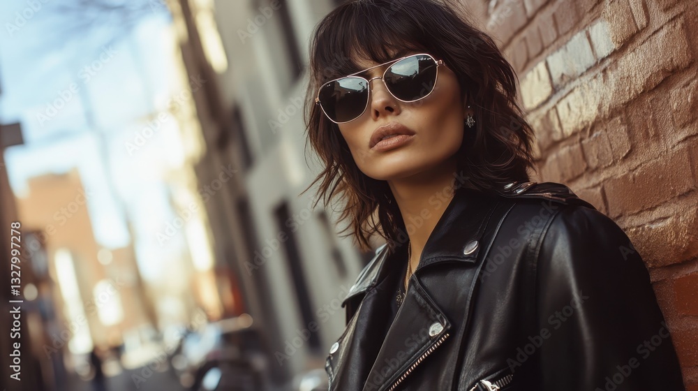 Fototapeta premium Stylish young woman in sunglasses stands on city street during daytime, embodying urban fashion and confidence