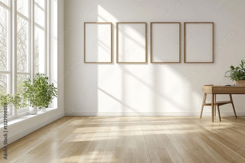 Minimalist bright room with four frames, desk, chair, plants, and sunlight. Minimalist bright room with four frames, desk, chair, plants, and sunlight.