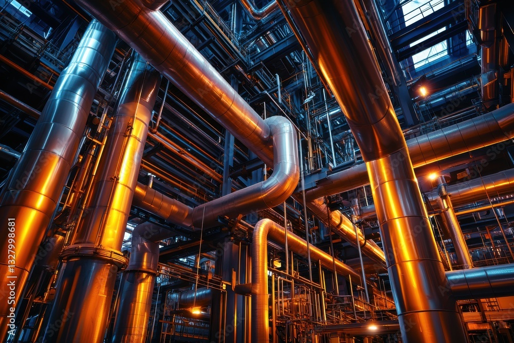 Intricate Industrial Pipeline System with Glowing Metal Tubes Intricate Industrial Pipeline System with Glowing Metal Tubes