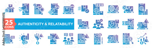 Authenticity and Relatability Icon Sheet Quality Control, Online Shopping, Data Analytics, Discount, Laptop, Free Delivery, Feedback, Website, Research, Subscription, Customer Service, Audience