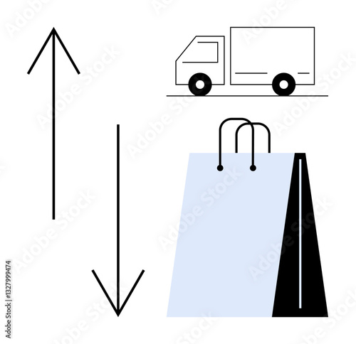 Delivery truck and shopping bag alongside up and down arrows representing supply, demand, logistics, ecommerce, trade, transport, retail trends. Ideal for business, economy shipping commerce