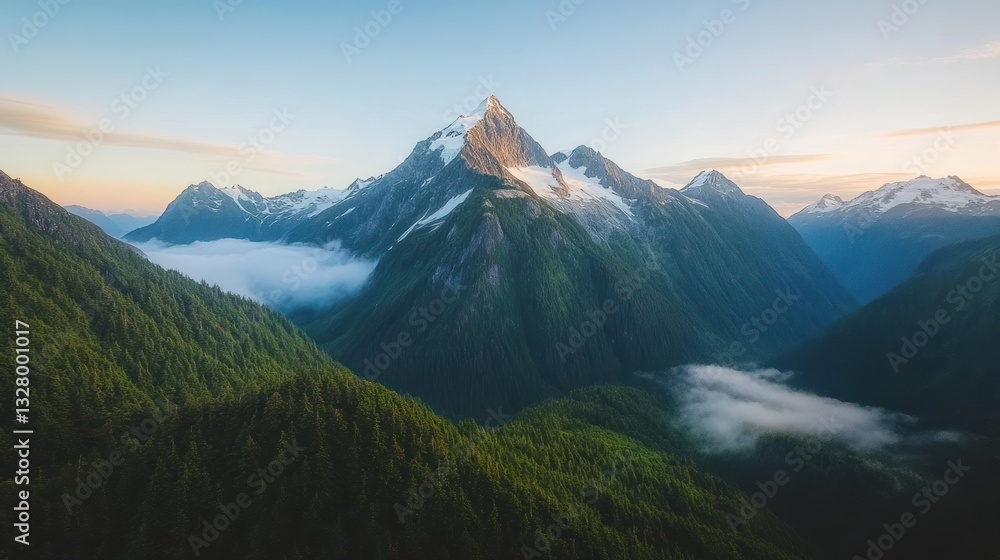 Fototapeta premium Majestic Mountain Peaks and Serene Valley at Dawn