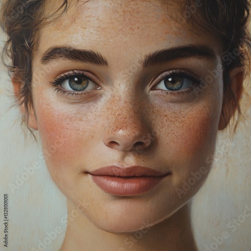 Young woman with freckled skin and expressive eyes showcases natural beauty in a close-up portrait
