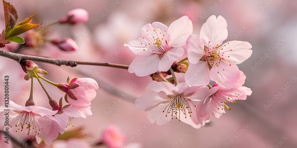 Obraz premium A close-up of blooming cherry blossoms with soft pastel tones, capturing the beauty of spring in delicate pink hues. Perfect for elegant floral designs.