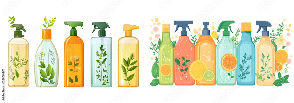 Fototapeta premium A collection of transparent spray bottles with botanical illustrations, featuring green leaves and citrus elements, isolated on a transparent background.