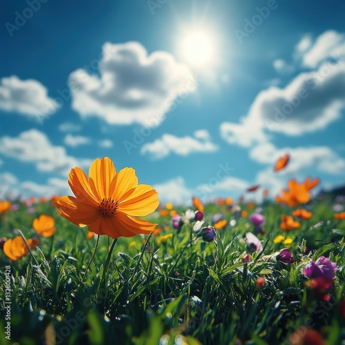 Vibrant Orange Flower in Beautiful Meadow Under Bright Blue Sky with Fluffy White Clouds on a Sunny Day