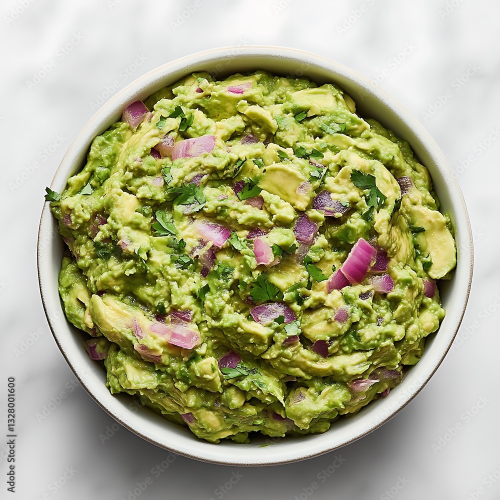 A bowl containing freshly prepared guacamole with red onion pieces A bowl containing freshly prepared guacamole with red onion pieces