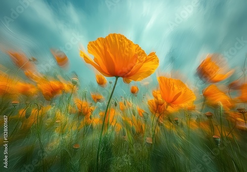 Vibrant Orange Poppies Blooming in a Lush Field with Soft Blurred Background Under a Dreamy Sky