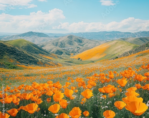 Vibrant Orange Poppies Cover Rolling Hills in a Scenic Landscape Under a Bright Blue Sky with Fluffy Clouds and Distant Mountain View